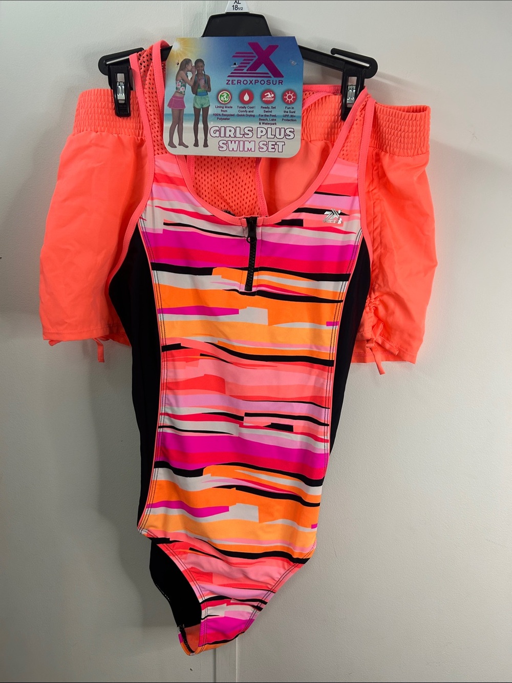 ZeroXposur Girls One-Piece Swim Suit in Neon Coral, Pink & Orange Stripes